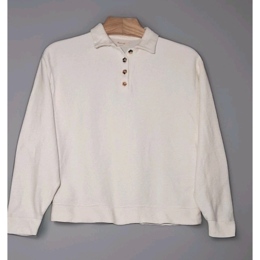 MADEWELL Womens Polo Shirt S Cream Collared Long Sleeve Cotton Ottoman Jacquard - Picture 2 of 11